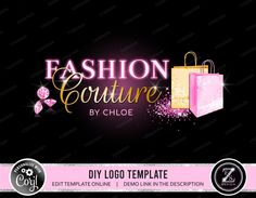 fashion boutique logo template with shopping bags and sparkles on black background, eps format