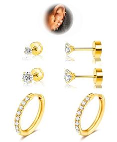 three pairs of gold plated nose piercings with cz crystals on each ear