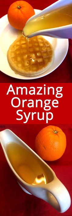 an orange syrup is being poured onto a plate