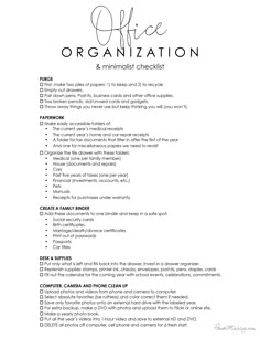 the office organization checklist is shown in black and white, with text on it