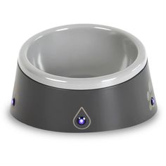 a gray and white dog bowl with blue lights on the side, in front of a white background