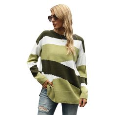 Green Colorblock Striped Pullover Sweater Green Crew Neck Sweater With Color Matching, Green Crew Neck Sweater With Contrast Color, Green Winter Tops With Contrast Color, Winter Green Tops With Contrast Color, Green Contrast Color Tops For Winter, Casual Green Sweater With Contrast Color, Trendy Green Patchwork Sweater, Green Long Sleeve Sweater With Contrast Color, Green Tops With Contrast Color For Fall