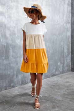 White & Yellow Color Block Ruffle-Accent Shift Mini Dress Women Sweet Beach Dresses Summer Ruffle Dress With Short Sleeves For Vacation, Short Sleeve Summer Ruffle Dress For Vacation, Short Sleeve Ruffle Hem Dress For Beach, Summer Ruffle Dress With Short Sleeves, Short Sleeve Ruffle Sundress For Vacation, Summer Beach Ruffle Dress With Short Sleeves, White Ruffled Knee-length Sundress, White Knee-length Ruffled Sundress, Casual Knee-length Ruffle Dress For Beach