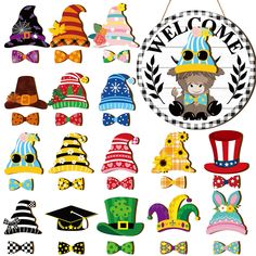 a bunch of hats and bow ties are shown in this image with the word welcome