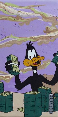 a cartoon character holding stacks of money in one hand and an angry duck in the other