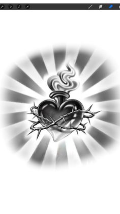 a black and white photo of a heart with a crown on its head, surrounded by flames