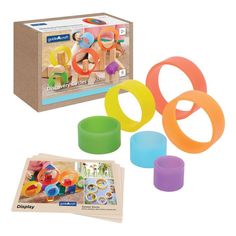 an assortment of toys including plastic rings and magnets