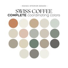 the swiss coffee color scheme is shown in shades of brown, green and beiges