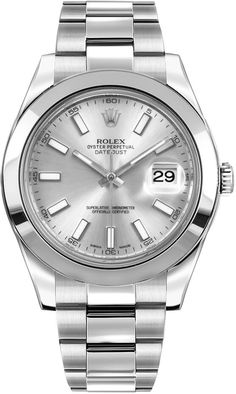 116300 | M116300-0007 ROLEX DATEJUST II 41 MEN'S LUXURY WATCH - With Manufacturer Serial Numbers - Swiss Made - Silver Dial - Index Hour Markers - 60 Second / Minute Track - Polished Stainless Steel Smooth Bezel - Date Feature     Date Window Displayed at 3 O'Clock     Cyclops Lens Over Date     Instantaneous Date Setting Feature - Stop-seconds Feature for Precise Time Setting - 48 Hour Power Reserve - Self-winding Automatic Movement     COSC Superlative Chronometer Certified - Rolex Caliber 3136 - Vibrations Per Hour: 28,800 - Jewels: 31 - 6 Year Warranty - Guaranteed Authentic - Certificate of Authenticity - Manufacturer Box & Manual - Polished 904L Oystersteel Stainless Steel Case - Brushed with Polished 904L Oystersteel Stainless Steel Oyster Bracelet - Scratch Resistant Sapphire Cryst Rolex Datejust Ii, Datejust Ii, Buy Rolex, Oyster Perpetual Datejust, Rolex Watches For Men, Automatic Watches For Men, Rolex Men, Womens Watches Luxury, Rolex Oyster Perpetual