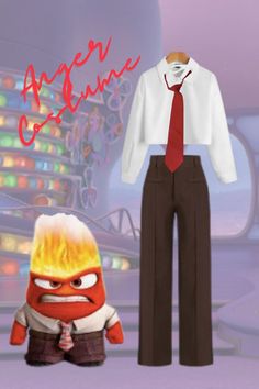 an animated character is wearing a white shirt and brown pants with a red neck tie