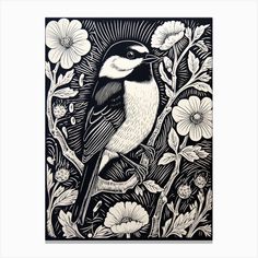 a black and white drawing of a bird on a tree branch with flowers in the background