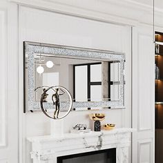 a living room with a fireplace and mirror on the wall