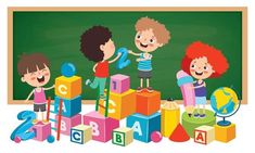 children playing with blocks and toys in front of a chalkboard that says abc's