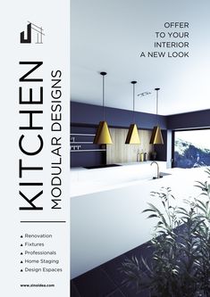 an advertisement for a new kitchen and living room showroom with plants in the foreground