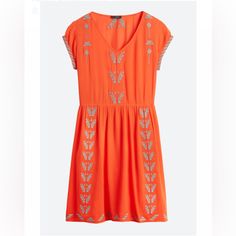 A Lined Embroidered Dress By Stitch Fix. It’s Deep Papaya Color With Light Teal Embroidery & Attached Belt. I Added A Picture With Styling Ideas, It Can Be Casual Or You Can Dress For A Night Out Orange Embellished Summer Dress, Summer Embellished Orange Dresses, Embellished Orange Summer Dresses, Orange Embellished Dress For Summer, Casual Embellished Beach Dresses, Casual V-neck Dress With Embroidered Neckline, Orange Embroidered Short Sleeve Dress, Casual V-neck Embellished Dresses, Papaya Color