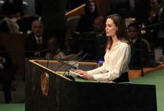 a woman sitting at a podium in front of a crowd with microphones behind her