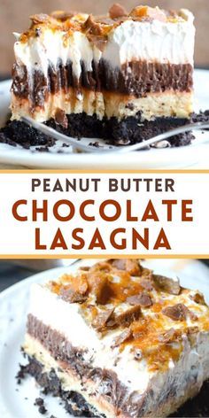 two pieces of peanut butter chocolate lasagna on white plates with text overlay