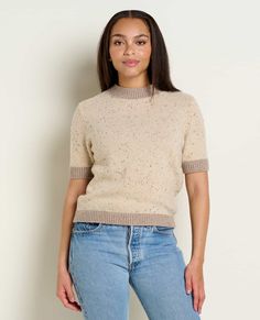 msg:Alexis is 5'6" and is wearing a size Small. Paper Sleeves, Stitch Shirt, Eco Friendly Clothing, Short Sleeve Sweater, Organic Clothing, Womens Size Chart, Short Sleeved Sweaters, Toad, Contrast Stitch