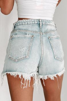 Sky Blue Distressed Raw Hem High Waist Denim Shorts High Waist Denim Shorts, Ripped Body, Ripped Shorts, High Waist Denim, Blouse Jeans, Graphic Apparel, Blue Denim Shorts, Loungewear Set, High Waisted Shorts Denim