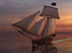 an old sailing ship in the ocean at sunset