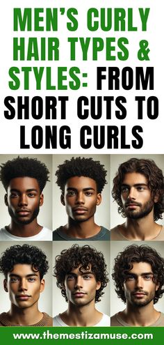 Six images of men with different curly hair types. Curly Mohawk Men, Curly Hair Men Long, Mohawk Men, Long Curly Hair Men, Mens Hairstyles Curly, Curl Types, Curly Mohawk, Shoulder Length Curly Hair