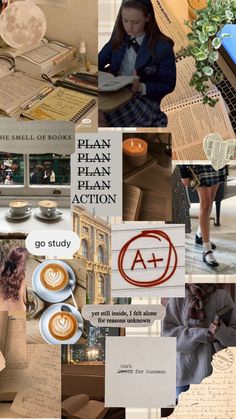 a collage of photos with coffee, books and other things in it that include papers