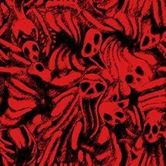 a red and black background with skulls on it