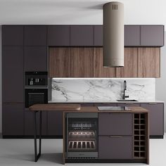 a modern kitchen with marble counter tops and dark wood cabinets, along with an oven