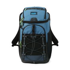 a blue and black backpack with straps on it