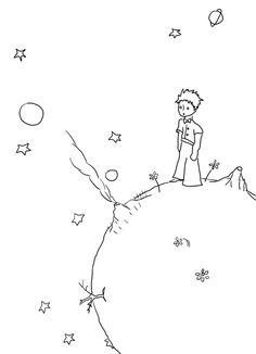 a black and white drawing of a person standing on top of a hill with stars