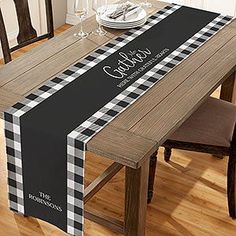 Black & White Buffalo Check Personalized Table Runner - 16" x 96" Windowpane Table Runner Patterns, Brick Pattern Table Runner, Buffalo Check Fall Dinner Table, Chicken Scratch Patterns Table Runners, Thanksgiving Family Table Runner, Buffalo Check Dinner Table, Black Table Cloth With Plaid Runner, Black Gingham Table Runner, Farmhouse Quilted Table Runners