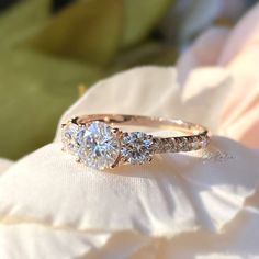 three stone diamond ring on white flower petals