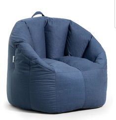 a blue bean bag chair sitting on top of a white floor