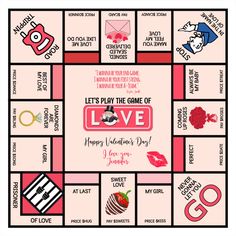 a valentine's day board game with the words love written in red and black