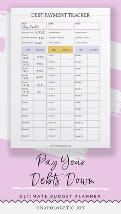 a printable debt planner with the text pay your debt down