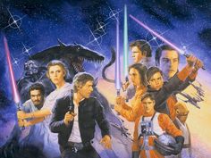 the star wars movie poster is shown with many characters