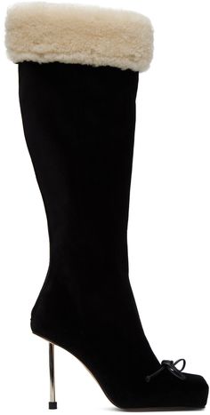 Knee-high velvet boots in black. · Square toe · Bow accent at vamp · Faux-shearling trim at collar · Zip closure at heel · Grained leather lining · Metal stiletto heel with rubber injection · Leather sole · Heel: H3 Part of the Guirlande collection. Supplier color: Black Boots Shiny Black, Luxury High Heel Chelsea Boots With Sculpted Heel, Luxury Calf Leather Knee-high Boots With Reinforced Heel, Luxury Classic Knee-high Boots With Sculpted Heel, Luxury Pointed Toe Heels, Luxury Heeled Boots With 4-inch Heel And Medium Width, Luxury Women's Knee-high Boots With Reinforced Heel, Luxury Closed Toe Heels With Reinforced Heel, Luxury Ankle-high Women's Heels