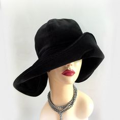 Floppy Brim Hat in Black Velvet - The Derby wide brim Cloche Adjustable Wide Brim Felt Hat For Evening, Winter Evening Wide Brim Hats, Brimmed Evening Hats For Winter, Wide Brim Hats For Winter Evenings, Wide Brim Winter Hat For Evening, Wide Brim Evening Hat For Winter, Elegant Black Bucket Hat, Fitted Flapper Cloche Hat With Brim, Elegant Black Bucket Hat With Short Brim