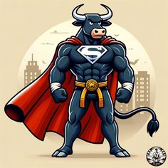 a bull dressed as a superhero standing in front of a cityscape with the letter s on it's chest