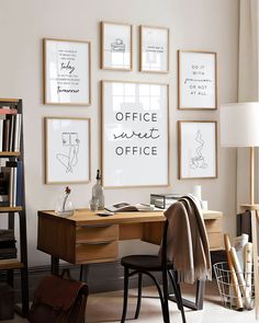 a home office with art on the wall