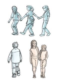 three children are walking and one is holding hands with the other child's hand