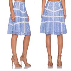 The Cutest A Line Skirt With Ladder Insets And Lace Overlay. Fully Lined, Approx 24" In Length. As Seen On Elle Fanning Lace Bottoms Midi Length For Spring, Summer Lace Midi Skirt, Spring Lace Trim Midi Skirt, Spring Blue Skirt With Lace Trim, Blue Lace Trim Fitted Skirt, Summer Lace Knee-length Skirt, Knee-length Lace Skirt For Summer, Spring Knee-length Lace Skirt, Summer Knee-length Lace Skirt