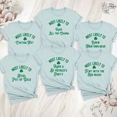 St Patricks Day Most Likely To Shirt, Funny St Patricks T-Shirts, Most Likely To Lucky Tee, Group Shirts, Party Shirt, Custom Lucky Shirt. Hello, Welcome to Blue Unique Boutique, your destination for unique and handcrafted shirts! I'm Eve! I have been thinking about creating my business for a long time and now I have taken the first step towards it and it gives me excitement. As a small business, I take pride in creating unique designs from the comfort of our homes. Each shirt is carefully craft Lucky Shirt, Group Shirts, Unique Boutique, Feb 5, Girls Tees, Branded Shirts, My Business, Personalized Prints, Party Shirts