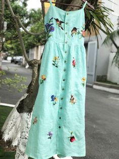 Rabbit And Flowers, Clothes Embroidery, Blue Slip Dress, Flowers Embroidered, Embroidery Lessons, Summer Linen Dresses, Lady Dress, Rope Crafts, Embroidery On Clothes