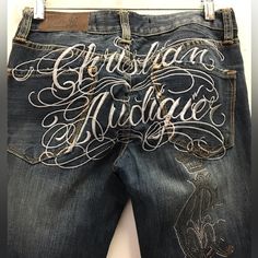 Silver Embroidered And Embellished Jeans Size 29/34 Bought Them Never Wore Them Slightly Distressed Grafitti On Clothing, Custom Distressed Jeans, Embroidered Baggy Jeans, Christian Audigier Jeans, Airbrush Jeans, Jean Designs, Stitch Jeans, Custom Jeans, Christian Audigier