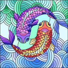 an abstract painting with two fish in the middle of it's body, surrounded by wavy