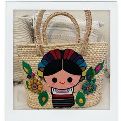 Handmade Palm Tree Tote Handbag “Adelita” Mexican Doll Design, Cotton Canvas Palm Tree Handcrafted Floral Designs Made In Jalisco Mexico Reasonable Offers Accepted Embroidered Tote Beach Bag, Traditional Straw Bag For Shopping, Multicolor Embroidered Vacation Bag, Vacation Bag With Multicolor Embroidery, Natural Embroidered Straw Bag For Daily Use, Multicolor Embroidery Shoulder Bag For Beach, Multicolor Embroidery Beach Bags, Traditional Top Handle Straw Bag, Straw Satchel Bag For Market