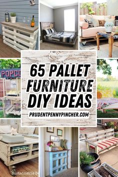 the collage shows different types of furniture made from pallets and wood planks