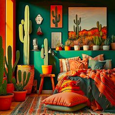 a bedroom with cactus and potted plants on the wall, bedding in bright colors