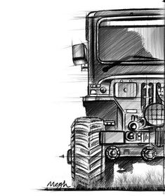 a black and white drawing of a tractor with the front end cut out to look like it's driving